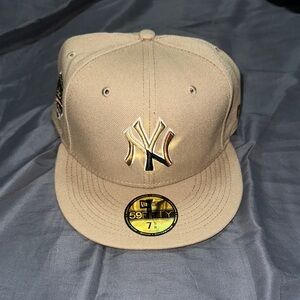New Era Beige Cap with Metallic Gold Logo